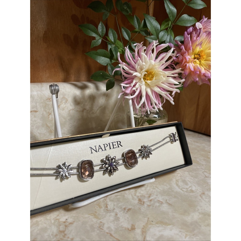 Napier‎ & Monet silver slider bracelet petaled flowers and topaz colored stones